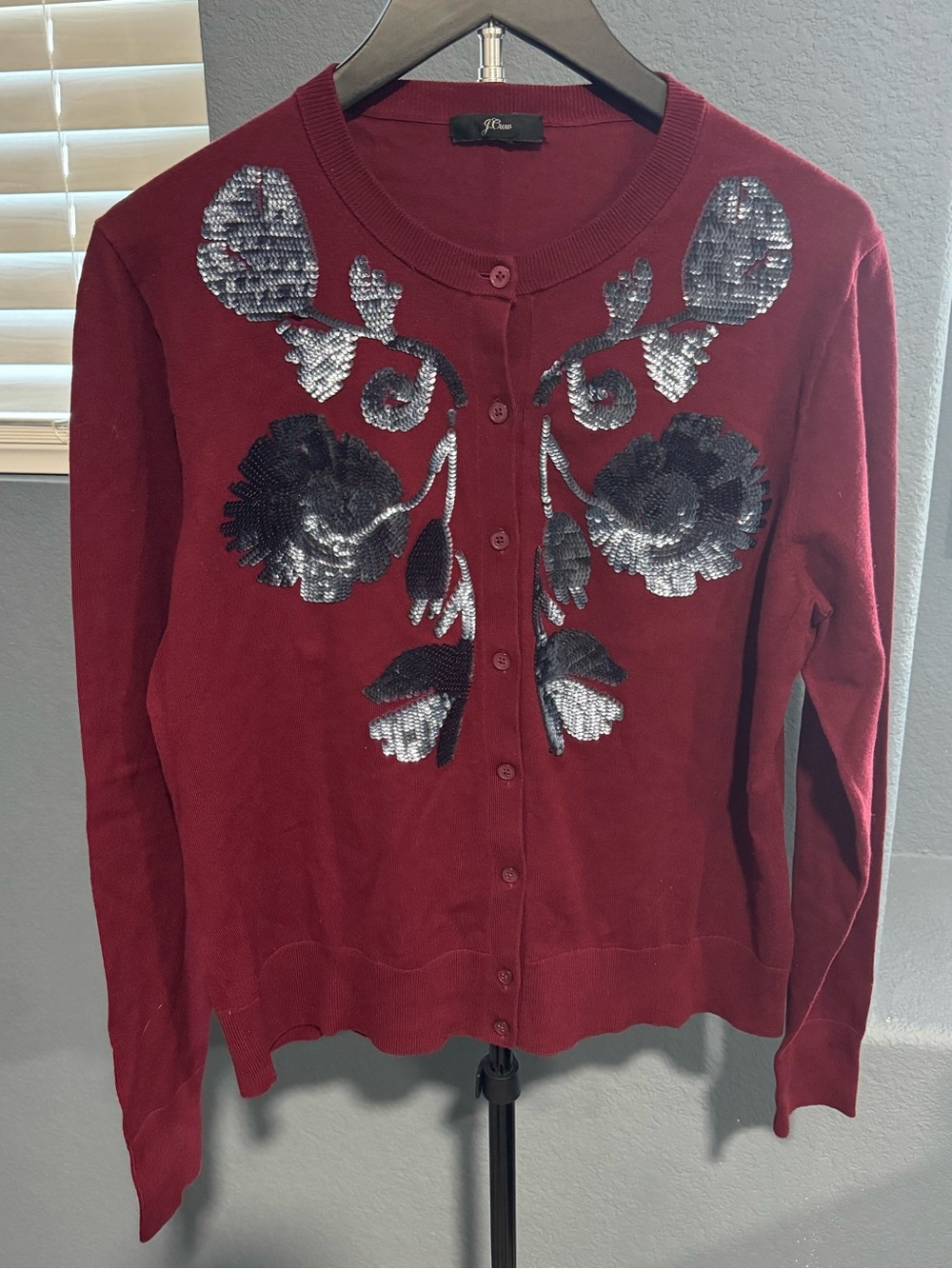 J. Crew Burgundy Sequin Floral Button-Front Cardigan